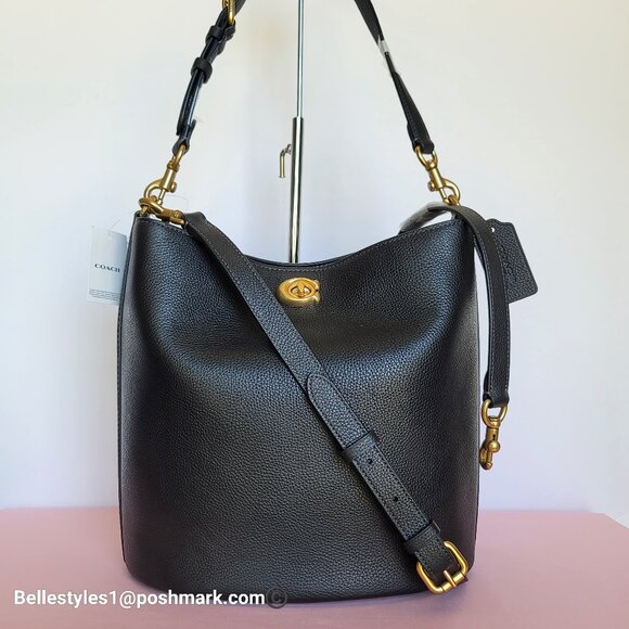 COACH Willow Polished Pebbled Leather Bucket Shoulder Bag- Black color ⭐ - Picture 1 of 16